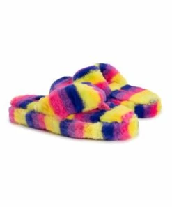 Coupon ⌛ LUKEES By MUK LUKS Yellow & Blue Rainbow Stripes Myka Thong Slipper - ???? Women ????