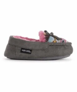 Buy ???? MUK LUKS Heather Dark Gray & Pink Stripe Moccasin Slipper - ???? Girls For Kids ???? -MUK LUKS SHOP zu108267753 alt 2 tm1661365097