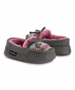 Buy ???? MUK LUKS Heather Dark Gray & Pink Stripe Moccasin Slipper - ???? Girls For Kids ????