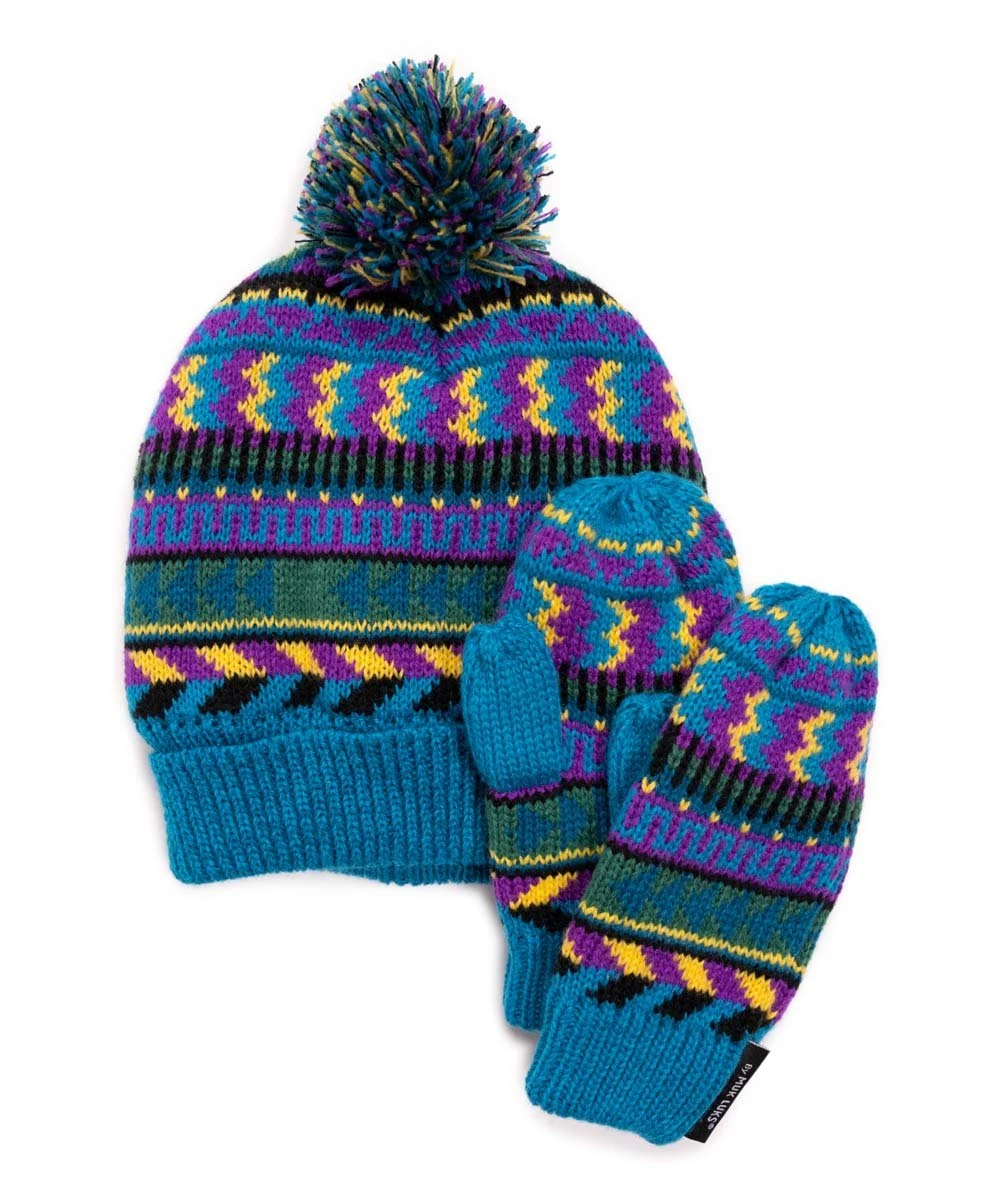 Best Sale ???? MUK LUKS Blue & Purple Stripe Pom-Pom Beanie & Mittens For Kids ???? 1 Best Sale ???? MUK LUKS Blue & Purple Stripe Pom-Pom Beanie & Mittens For Kids ????