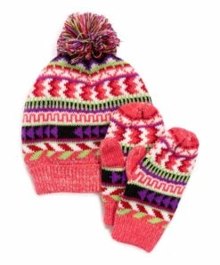 Brand new ???? MUK LUKS Fuchsia & Purple Stripe Pom-Pom Beanie & Mittens For Kids ????