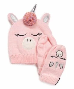 Discount ???? MUK LUKS Pink Unicorn Pom-Pom Beanie & Mittens For Kids ⌛