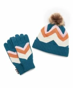 Best Sale ???? MUK LUKS Blue & Beige Color Block Pom-Pom Beanie & Gloves For ???? Women ????